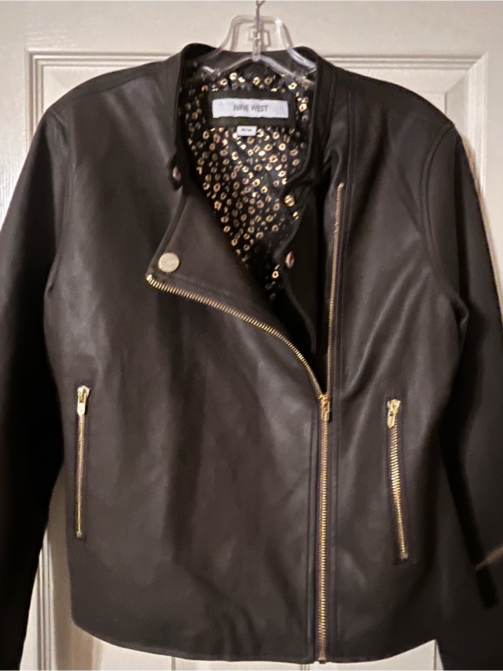 Nine West Women's Brown Faux Leather Moto Jacket with Gold Hardware M